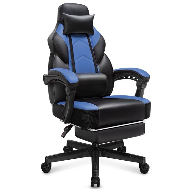 Walsunny Ergonomic Gaming Chair with Adjustable Footrest and Massage Leather Game Chair large gaming chair with Headrest and Lumbar Support for Adults, Blue