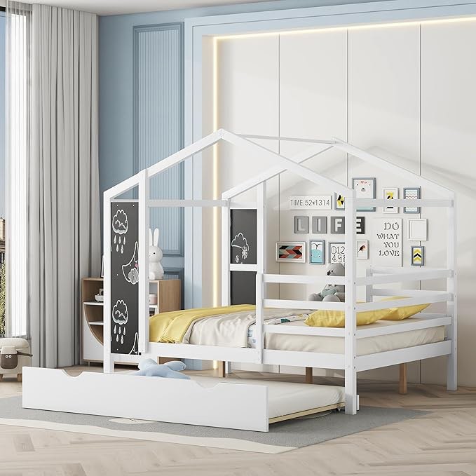 ((incomplete box 1 ) Full Size Wood House Bed with Trundle, Fence and Writing Board, Kids House Bed Frame for Kids, Teens, Decorate As You Wish (White/Full Size Wood House Bed-002)