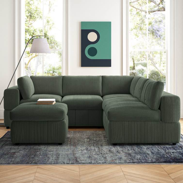 ((incomplete only 1 box )) Arregui 108.5" Wide Symmetrical Modular Corner Sectional with Ottoman Body Fabric: Dark Green Corduroy