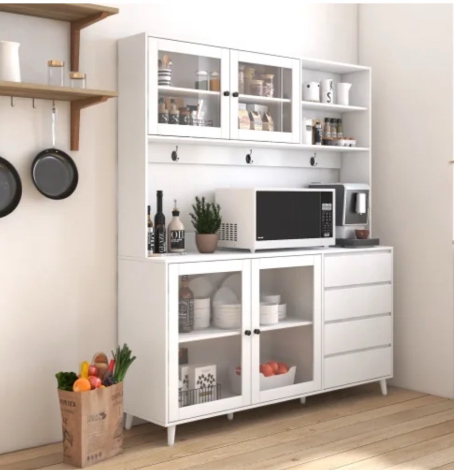 63" W Large Kitchen Hutch Cabinet, Freestanding Pantry Cabinets Storage Kitchen Cupboard with 4 Doors, 4 Drawers & Microwave Shelf, White