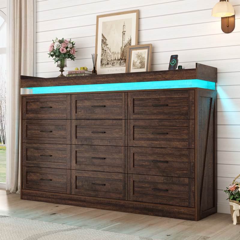 (Incomplete only box A) 12 Drawer 71.00"W Dresser With LED Light And Charging Station Color: Brown