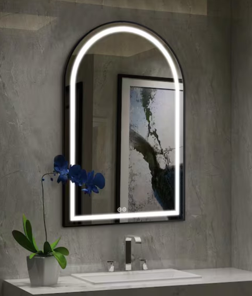 30 in. W x 39 in. H Arched Framed LED Anti-Fog Dimmable Wall Mount Bathroom Vanity Mirror in Black