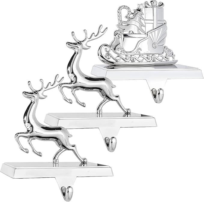 Klikel Reindeer Stocking Holder Set of 3-2D Deer and Sleigh Stocking Hanger for Mantel - Deer Christ