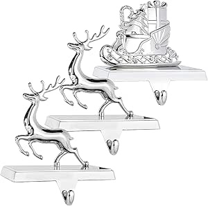 klikel reindeer stocking holder set of 3-2d deer and sleigh stocking hanger for mantel - deer christ