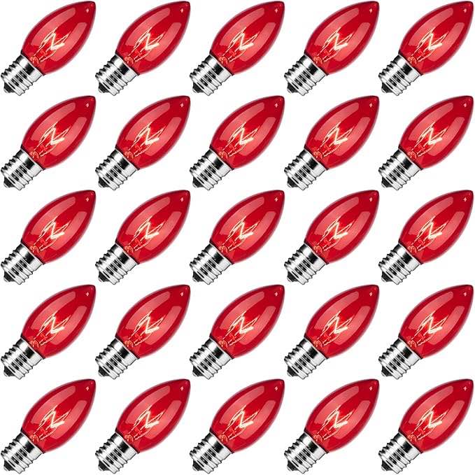 Minetom 25 Pack C9 Clear Replacement Bulbs for Christmas Lights, E17 C9 Intermediate Base Incandescent C9 Christmas Light Bulbs, 7-Watt (25 Pack, Red )