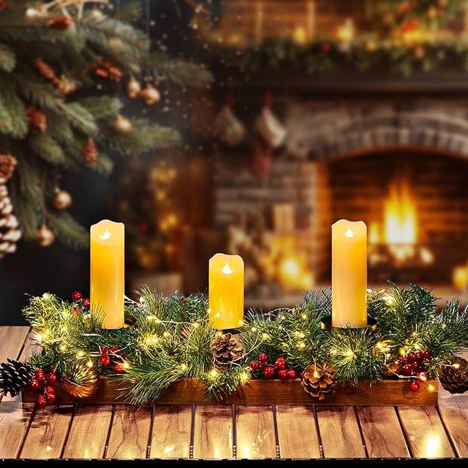 Brightown 23.6" L Foldable Wooden Box, Includes Fairy Lights, Pine Cones, Red Berry, Christmas Ball Ornaments and 3 Candle Holders (Candles Not Included) for Christmas Table Fireplace Decoration