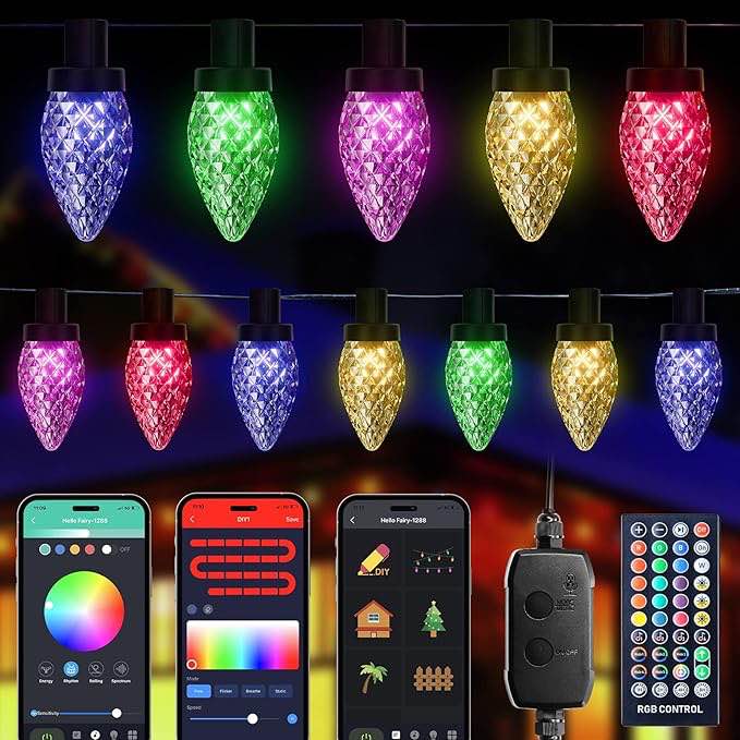 Brightown C9 Christmas Lights Outdoor, 33Ft 50 LED Smart Music Sync Remote APP Controlled C9 Color Changing Lights, Waterproof Connectable C9 String Lights for House Tree Patio Garden Xmas Decoration
