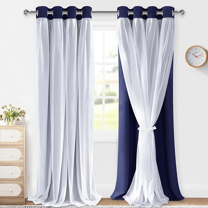 XWZO 100% Blackout Double Layer Curtains, Blackout Curtains with Sheer Overlay for Living Room, Grommet Thermal Insulated Privacy Curtains with Tiebacks, 2 Panels, 52x108, Biscotti /Navy