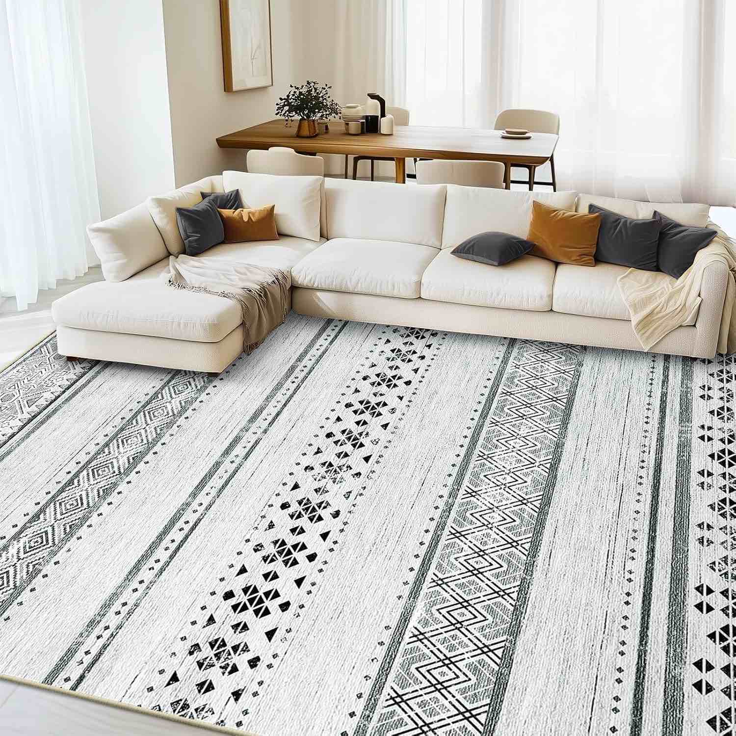 ((Design similar to the archive photo))BESTSWEETIE 8x10 Area Rug Washable 8x10 Rug Area Rugs Moroccan Farmhouse Neutral Geometric 8x10 Rug for Living Room Bedroom Low Pile Water Repellent Non-Slip Ultra Soft Faux Wool White/Grey 