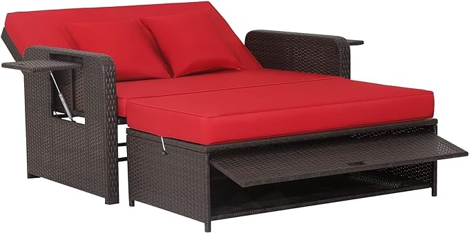 PATIOJOY Rattan Outdoor Loveseat with Red Cushions and Rattan Frame