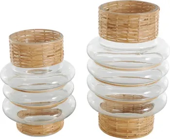 tall glass vase set with rattan trim