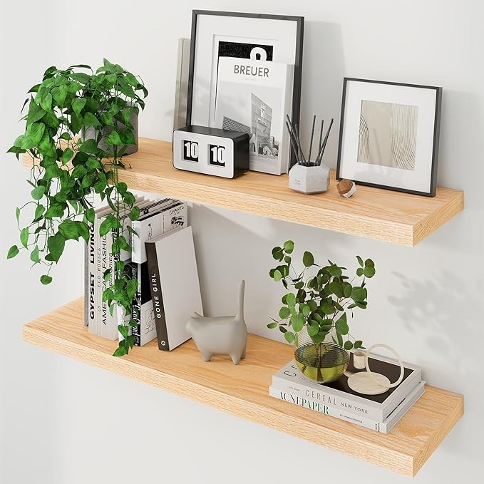Fun Memories Solid Oak Wood Floating Shelves, 9.3 Inch Deep Natural Wood Shelf with Invisible Heavy Duty Bracket for Bathroom Bedroom Kitchen - 36inch Set of 2, Natural
