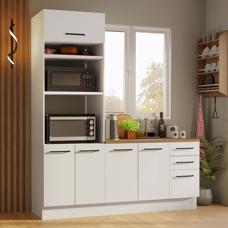 incomplete Hokku Designs Hazel 2-Piece Kitchen Storage Set with 3 Door Pantry Cabinet and 3 Drawers Base Cabinet Adjustable Feet 74 Inch Wooden Modern Organization Units - White