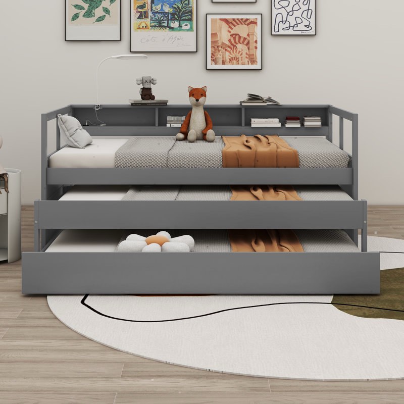 (incomplete, box 1 of 2 part of a set) Priscyla Wood Daybed with 2 Trundles, 3 Storage Cubbies Color: Gray