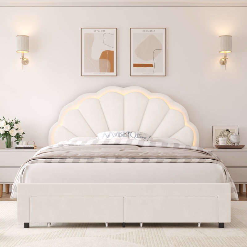 Burlyn Upholstered LED Bed Frame with Drawer & Adjustable Headboard