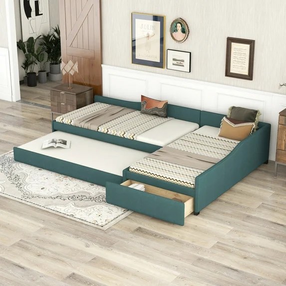 (incomplete) (box 2 of 3) Upholstered Double Twin Size Daybed with Trundle and Drawer Green