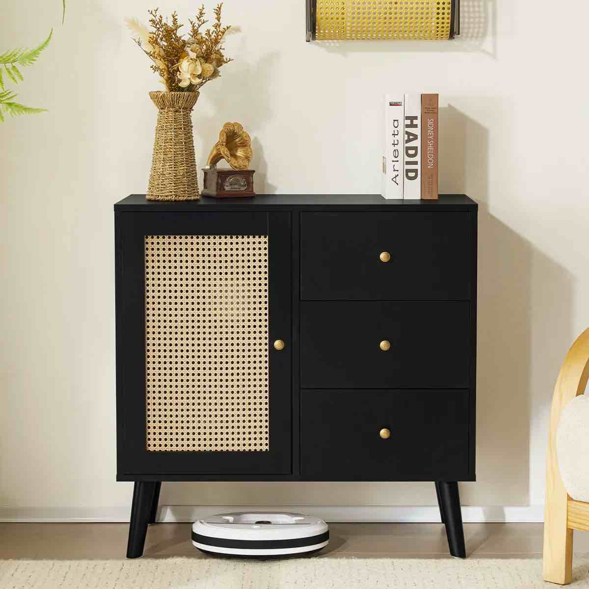 1-Door 3-Drawer Rattan Kitchen Buffet 31.5"W Dresser Wood Cabinet Color: Black