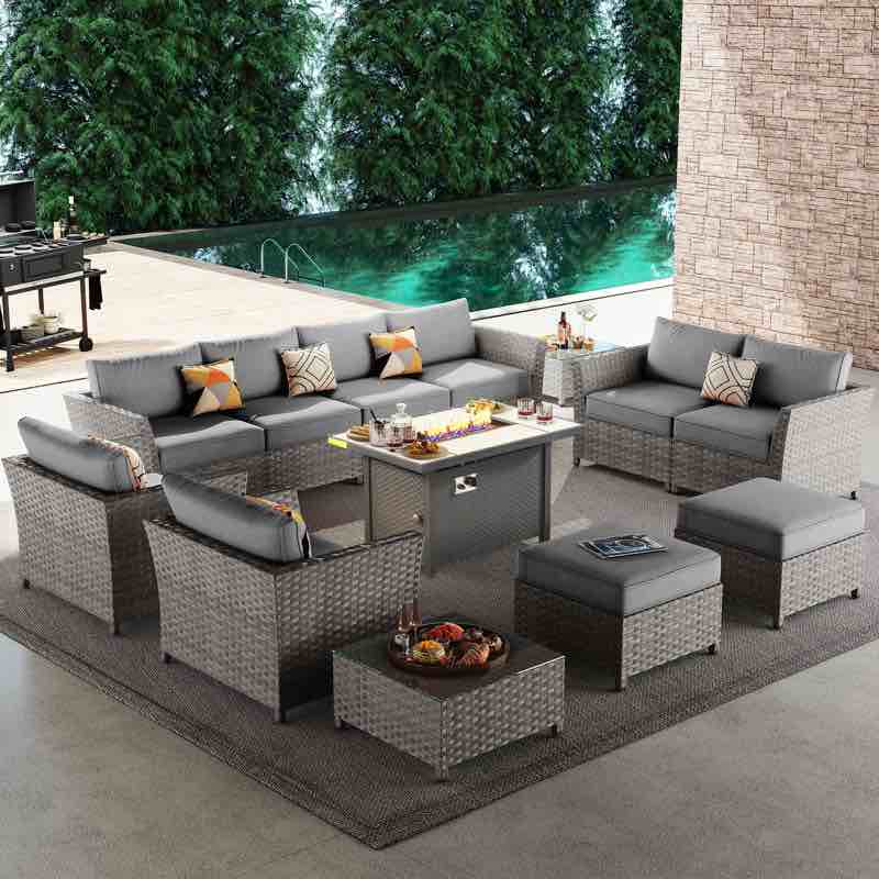incomplete Cassville 8 - Person Patio Furniture Set, Outdoor Wicker Rattan Sectional Seating Group with Cushions, All Weather Sofa Conversation Set with Optional Fire Pit Table for Garden Backyard Cushion Color: Tangerine Red, Firepit Included: Yes