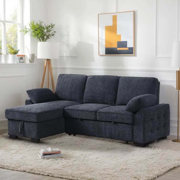 Latitude Run 91.5 " Modern Shariff Reversible Chenille Upholstered Sleeper Sectional Sofa with Storage Chaise