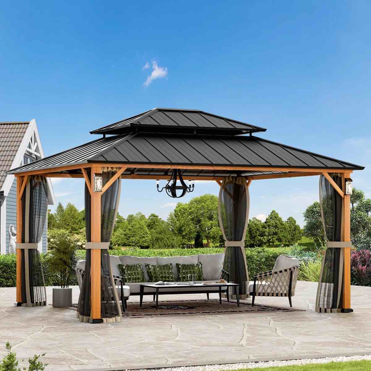 (INCOMPLETE) Horizon 12 ft. x 16 ft. Hard Top Gazebo With Solar Self Powered LED Lights, Mosquito Netting and Canopy Hook Frame Finish: Wood Grain