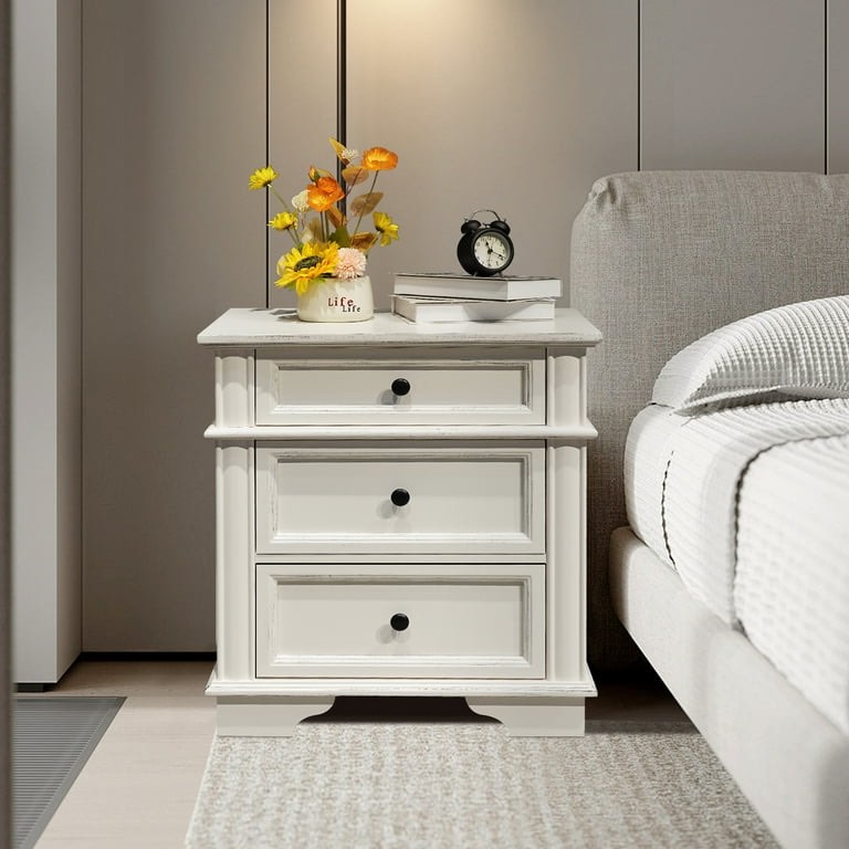 Ktaxon Solid Wood Nightstand with Outlets & USB Ports, 3 Drawer Traditional Cottage Bedside Table, Wash White