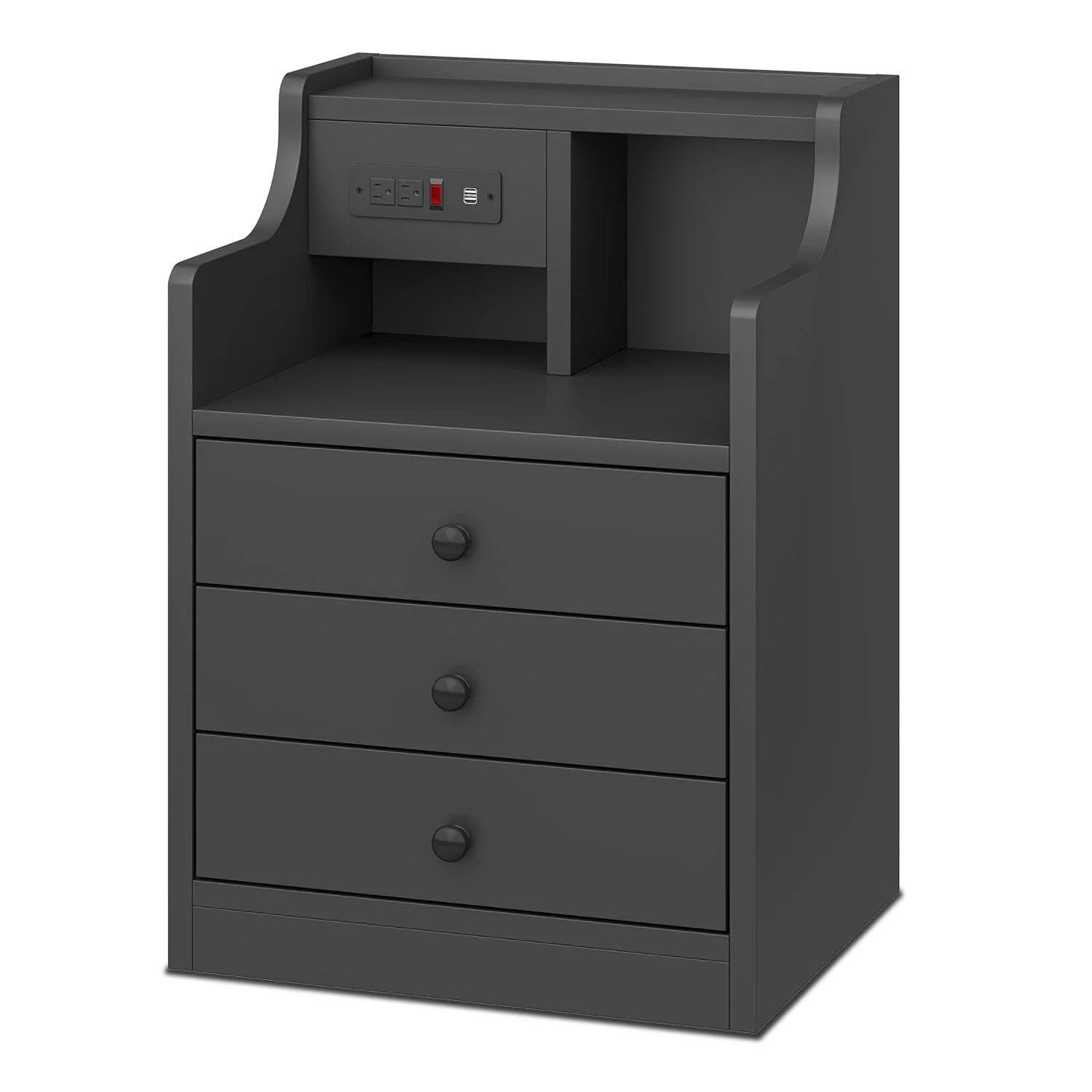 Nightstand With 3 Drawers Charging Station Black
