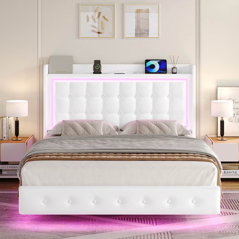 incomplete Upholstered Platform Bed with LED Lights, Charging Port, Floating Bed
