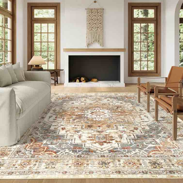 Washable Rug - Stain Resistant Non-Slip Area Rugs for Living Room Bedroom(Turmeric/Grey) Rug Size: Rectangle 6' x 9'