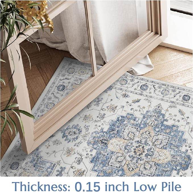 jinchan Alfombra vintage lavable de 8 x 10 pies, diseño de medallón floral, antideslizante, delgada, retro, clásica, suave, bohemio, para dormitorio, comedor, cocina, color azul