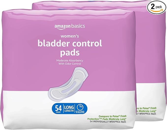 Amazon Basics Almohadillas de incontinencia largas para mujer, control de vejiga, posparto, absorción moderada, sin perfume, 108 unidades (2 paquetes de 54)
