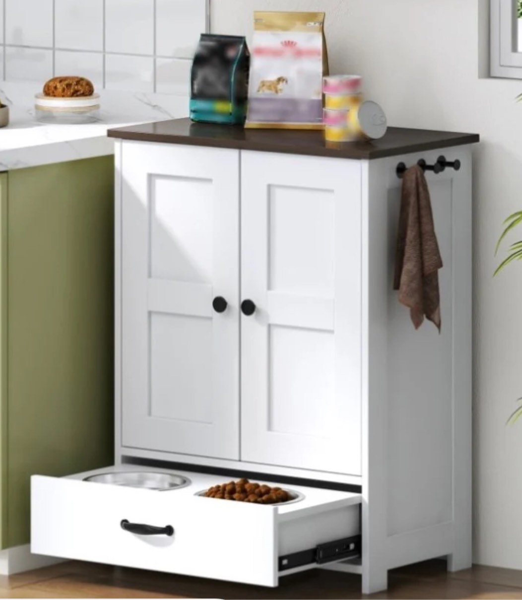 ZNTS Dog Feeding Station, Dog Food Storage Cabinet with Hidden Dog Bowls, Adjustable Panel, Hooks, for W1687P205402