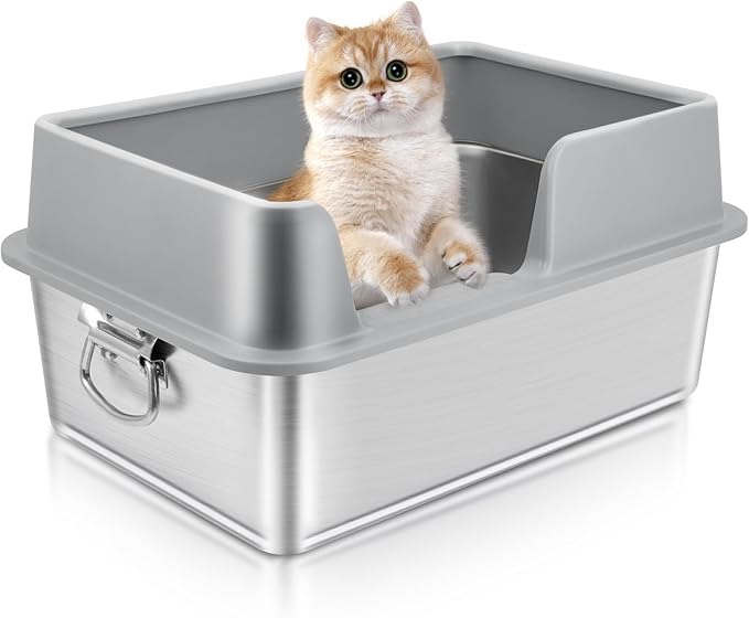 Stainless Steel Litter Box with High Sides and Handle - Anti-Splash, Anti-Leakage, Non-Sticky, Large Kitty Litter Box (Grey, Large)