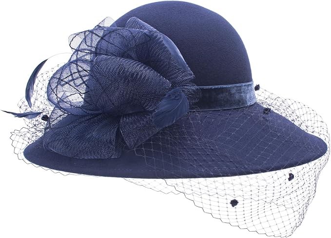 Navy Blue Women Wool Felt Veil Floral Red Feather Aala Wide Derby Hat A322, Navy Blue