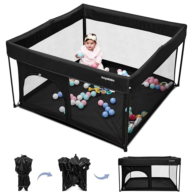 ANGELBLISS Baby Playpen, Foldable Playpen for Babies and Toddlers, Indoor & Outdoor Baby Activity Center with Visible Breathable Mesh, Portable Play Yard with 2 Handlers+50 Balls-50”×50”(Black)