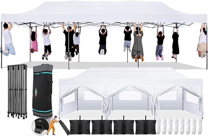 COBIZI 10x30 Pop Up Canopy with 8 Sidewall,Heavy Duty Canopy UPF 50+ All Season Wind Waterproof Commercial Outdoor Wedding Party Tents for Parties Canopy Gazebo with Roller Bag(10 x 30 ft White