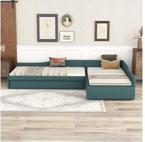 incomplete only 1 box)Upholstered Double Daybed,Sofa Bed Frame with Trundle and Drawer for Guest Room, Bedroom,No Box Spring Required (Beige, Twin)
