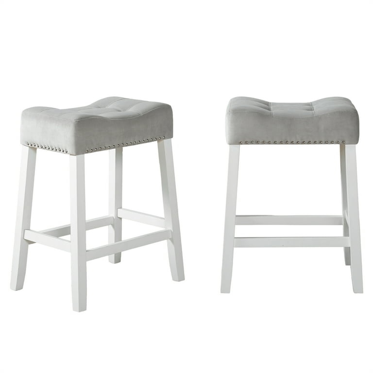 Xukmct 2 Pack Velvet Backless Bar Stools with Footrest, Wood Frame Bar Chair for Home, Dining Room, Bar, White + Gray. ( 1 piece) 