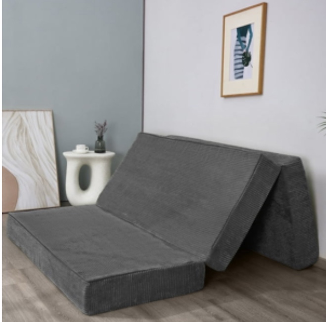  maxyoyo 6 inch folding corduroy mattress, tri fold floor mattress with washable cover,foldable in three,space-saving for guest (dark grey, queen)
