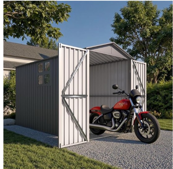 (similar to stock photo) (pick up 2 boxes ) 6’ x 10’ Motorcycle Storage Sheds, Metal Shelter & Garage with Windows and Lockable Door Handle, Heavy Duty Vehicle Shed for All Weather, Track System Included, Anthracite with White Trim