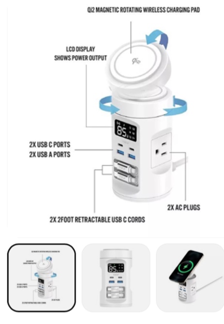 tech squared power tower with qi2 wireless charging and retractable cords