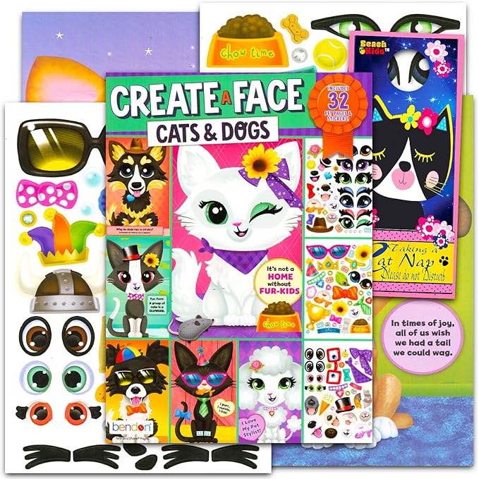 Create a Face Sticker Play - Bundle with Cats and Dogs Sticker Travel Activity Book for Kids Plus Door Hanger | Make Your Own Stickers for Kids, Toddlers