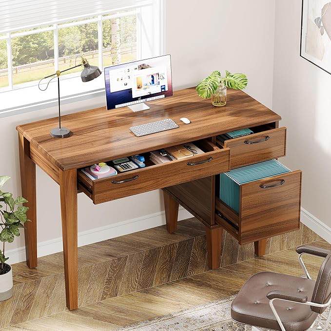 47 Computer Desk with 3 drawers, Brown Office Desk with File Cabin