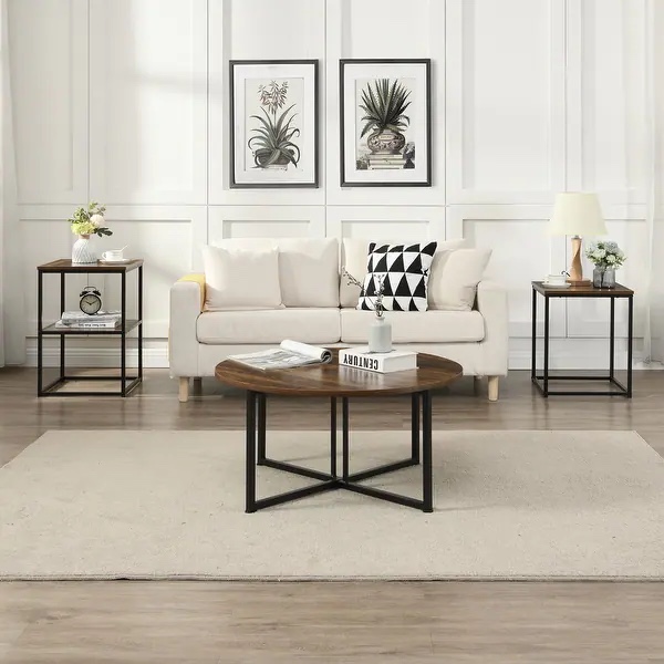 Myhozm 3-piece Round Coffee and Side Table Set with Open Shelves - Brown