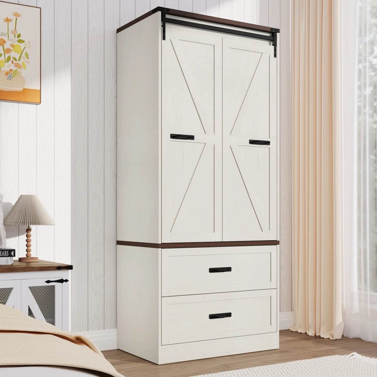 72.8"h farmhouse armoire wardrobe closet with sensor light and 2 drawer, folding sliding barn door armoire cabinet with hanging rod for bedroom