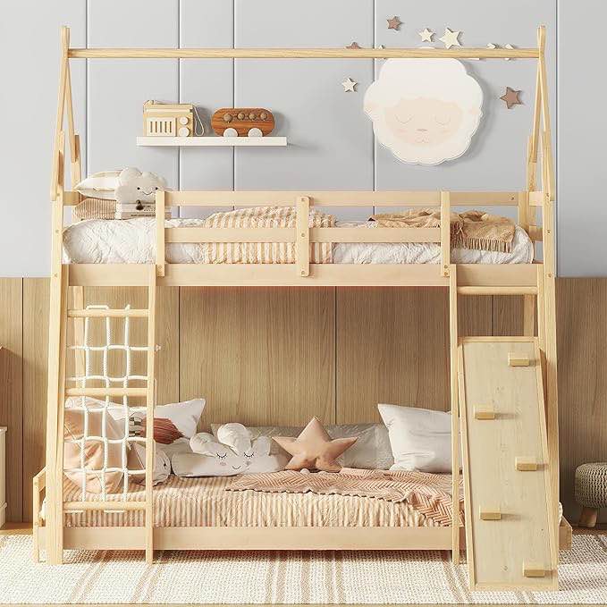( incomplete/ box 1 of 2)SOFTSEA House Bunk Bed Twin Over Queen with Climbing Nets and Ramp Solid Wood Floor Bunk Beds Frame for 2(Natural)