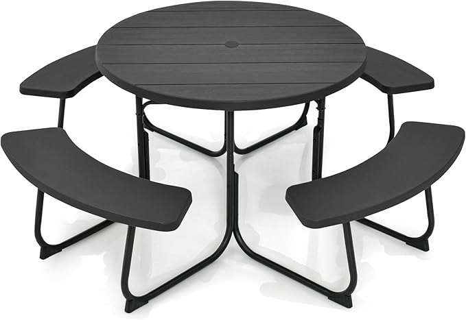 ( pick up 2 boxes) Round Picnic Table for Outdoors, 8 Person Outdoor Picnic Tables & Benches Set with Umbrella Hole, HDPE Tabletop & Metal Frame, 2000 LBS Capacity Table Bench Set for BBQ, Garden, Lawn, Patio