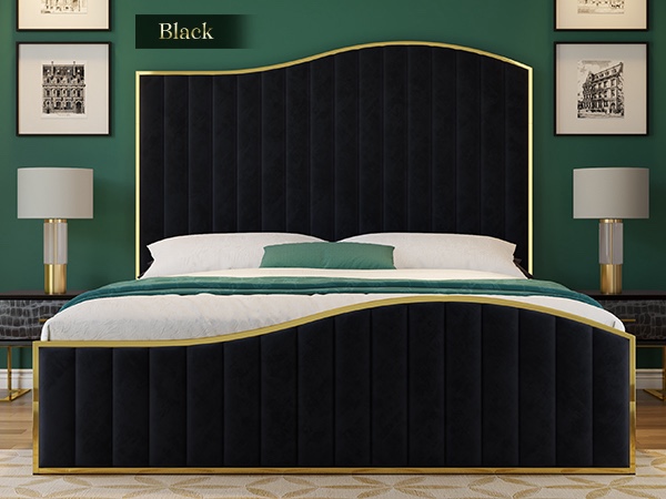 : HOWE King Size Harp Bed Frame, Velvet Black and Gold.