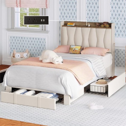  ANCTOR Twin Bed Frame with 3 Drawers, Upholstered Platform Bed with Storage Headboard and Charging Station, No Box Spring Needed, Easy Assembly, Beige