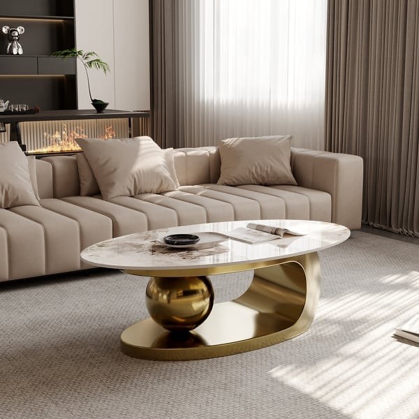  51" Modern Pandora Oval Coffee Table with Glossy Sintered stone top, Luxury Coffee Table, Stainless Steel Legs for Livingroom - Pandora&Gold only top.