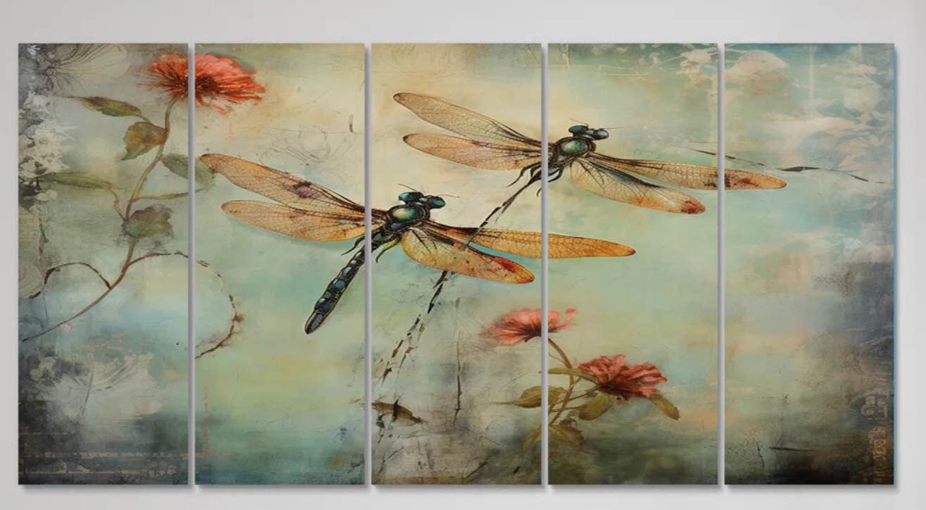 Vintage Painting Of Dragonfly Flying - Animals Dragonfly Canvas Art Print -3 piece. 50 x 100